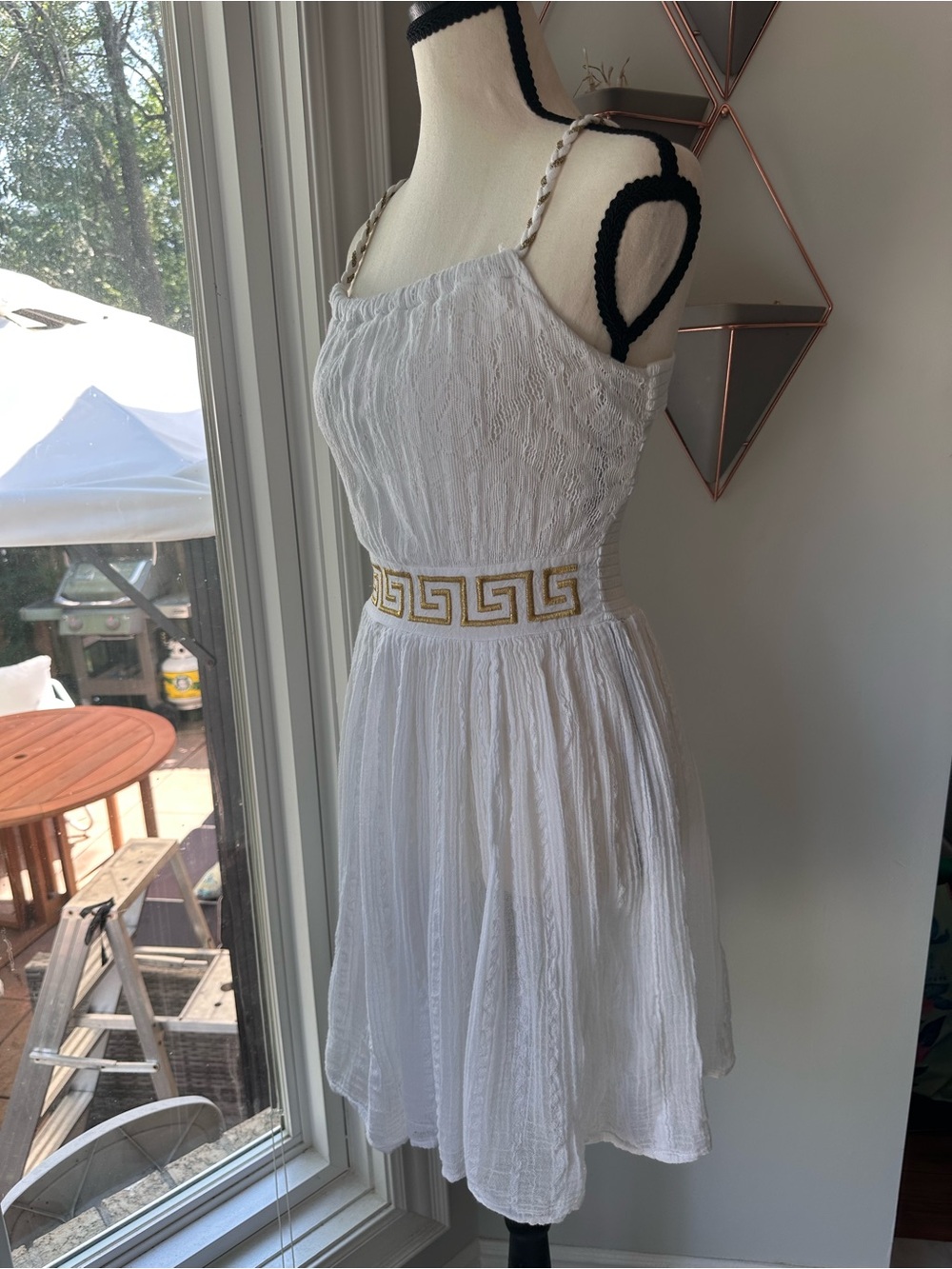Made in Greece 🇬🇷 White Gold Halter Lace Smocked Dress Swim Beach Coverup Small